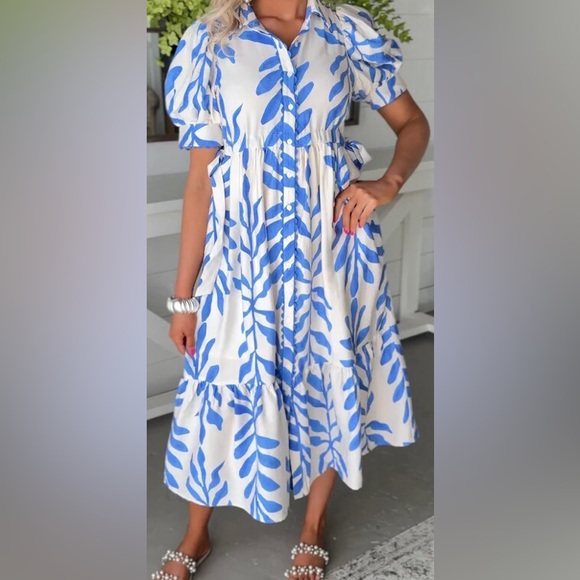 entro | Dresses | Entro Blue And Off White Puff Sleeve Midi Dress With ...